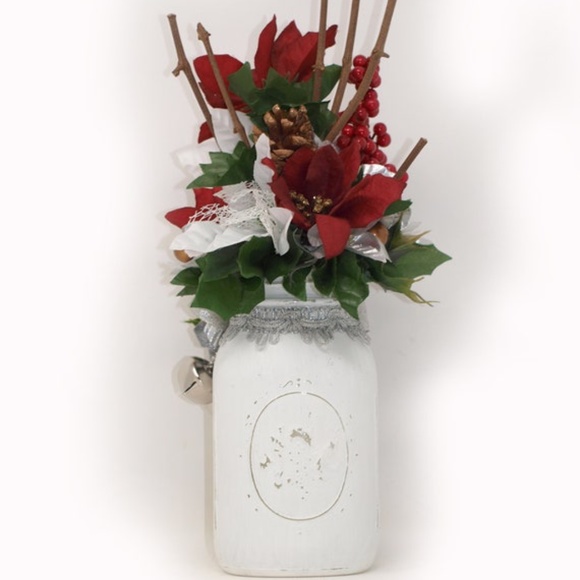 Holiday Ball Mason Jar Floral Arrangement Centerpiece, Poinsettia Flowers - Picture 3 of 10